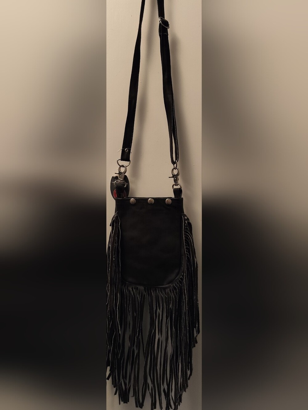 Black Fringe Crossbody with Triple Snap Closure